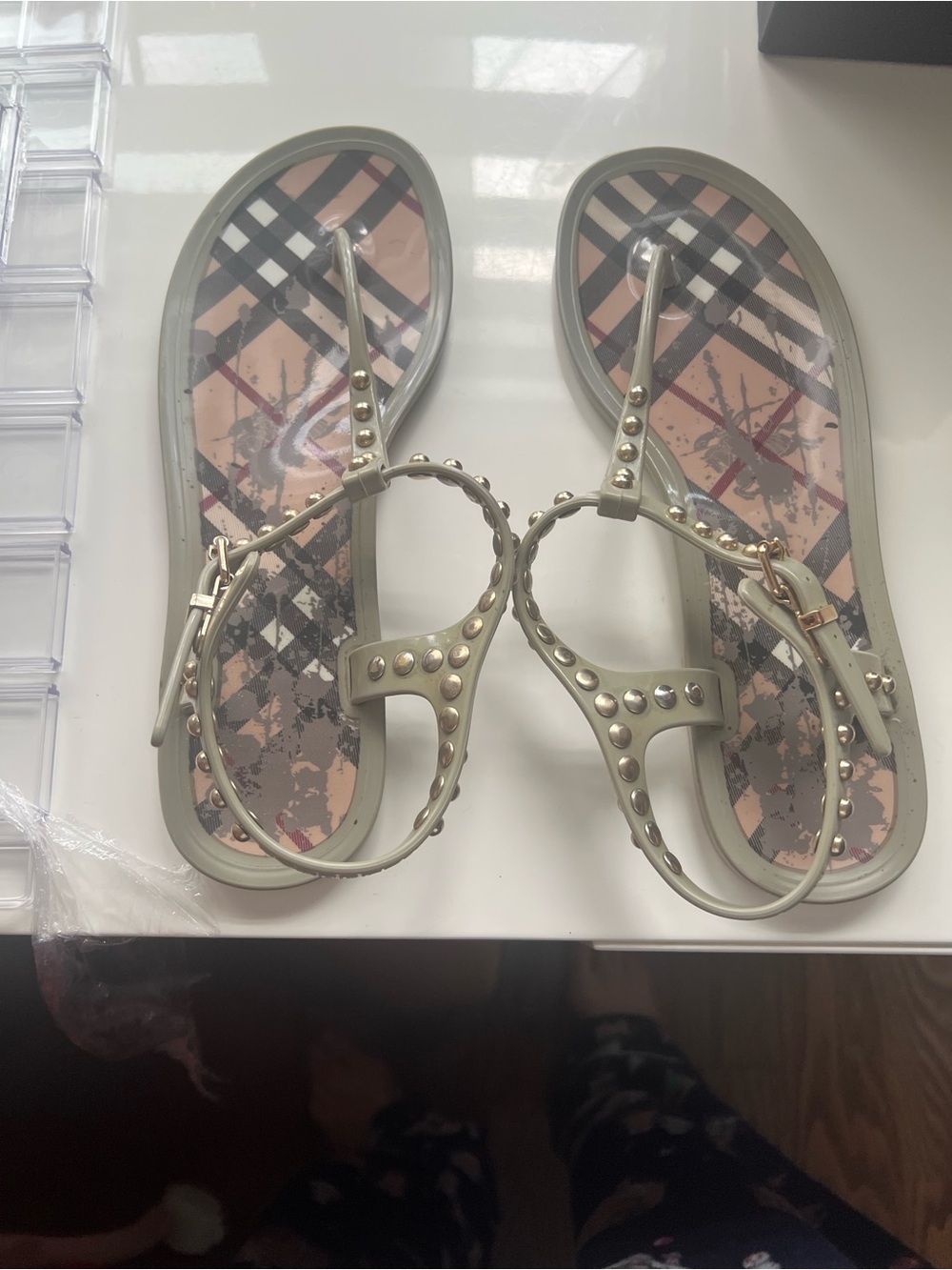 Burberry Beige Studded T-Strap Sandals with Signature Check Inlay